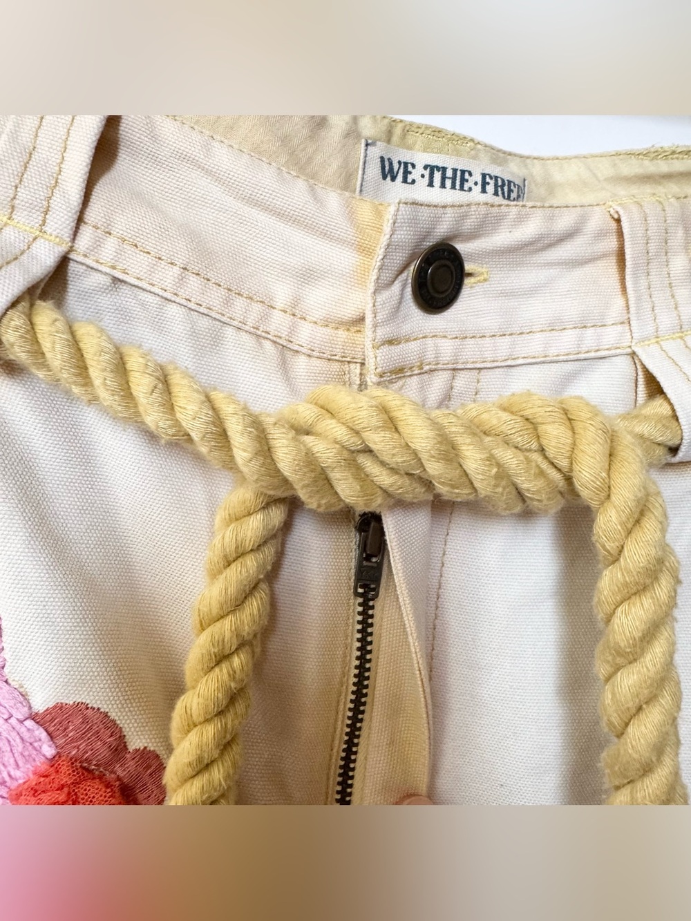 Free People Low-Rise Embroidered Wide-Leg Drawstring Pants Electric Sands 6 - Picture 8 of 14